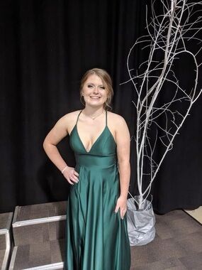 Clarisse Emerald Green Satin V-Neck Spaghetti Strap Prom Dress